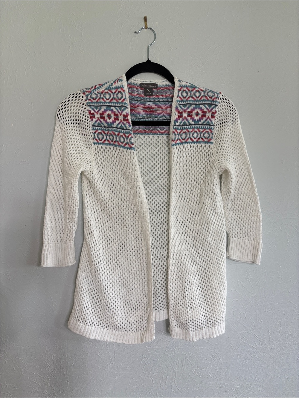 Eddie Bauer White Open-Knit Cardigan with Pattern